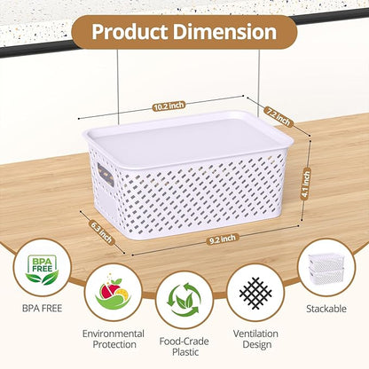 Plastic Storage Bins with Lid, Stackable Small Box Basket for Organizing and Containers for Shelves Drawers Desktop Closet Playroom Pantry Classroom Office Home, 8-pack 10.2"x7.2"x4.1" Lavender