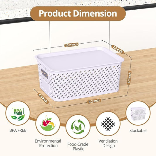Plastic Storage Bins with Lid, Stackable Small Box Basket for Organizing and Containers for Shelves Drawers Desktop Closet Playroom Pantry Classroom Office Home, 8-pack 10.2"x7.2"x4.1" Lavender