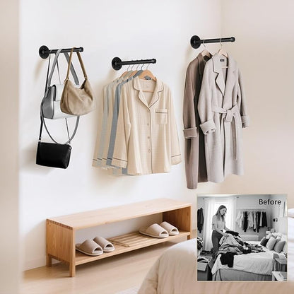 Industrial Pipe Clothing Rack 12 Inch 6 Pack, Wall Mounted Clothes Rack-Pipe Shelf Brackets Heavy Duty Closet Rod for Hanging Clothes Rustic Metal Garment Holder Shelving