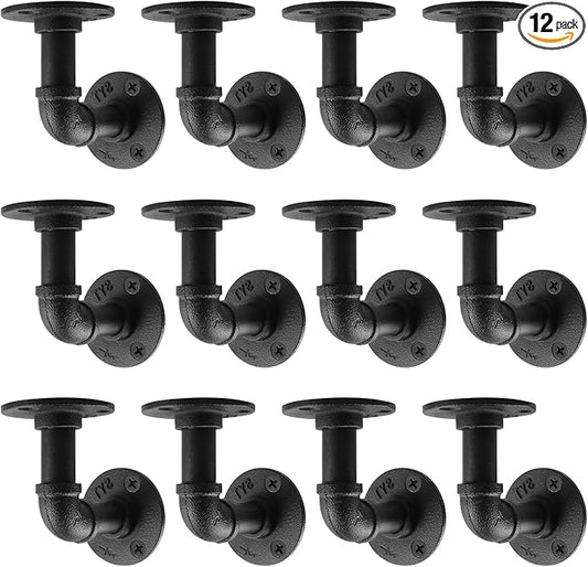 MUZIK Shelf Bracket, 12 Pack Heavy Duty Floating Shelf Brackets, Industrial Pipe Wall Mount Metal Shelving Brackets for Shelves, Vintage Black Iron Finish DIY Pipe Shelf (4*4 Inch)