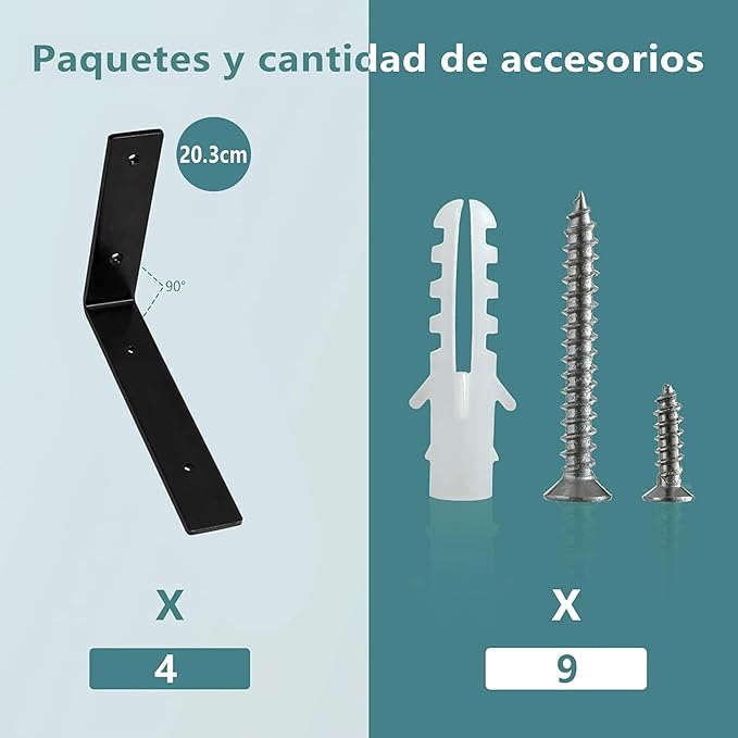 HEART ART 4 Pack Shelf Brackets 8 inch,L Brackets for Shelves,Black Heavy Duty Metal Shelf Brackets,8”x4”x1.4”