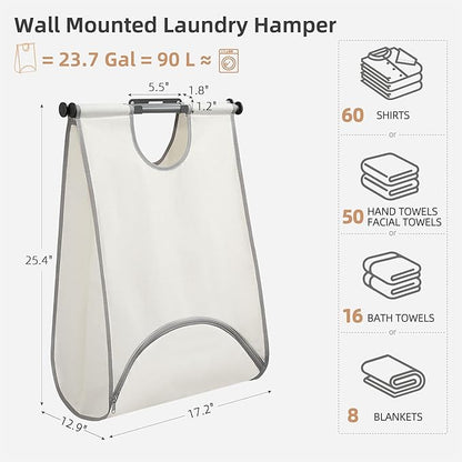 STORAGE MANIAC Wall Mount Laundry Hamper, Hanging Laundry Bag with Bottom Zipper Opening, Space Saver Dirty Clothes Hamper with Wall Anchor, Laundry Clothes Bin for College, Dorm, RV, White
