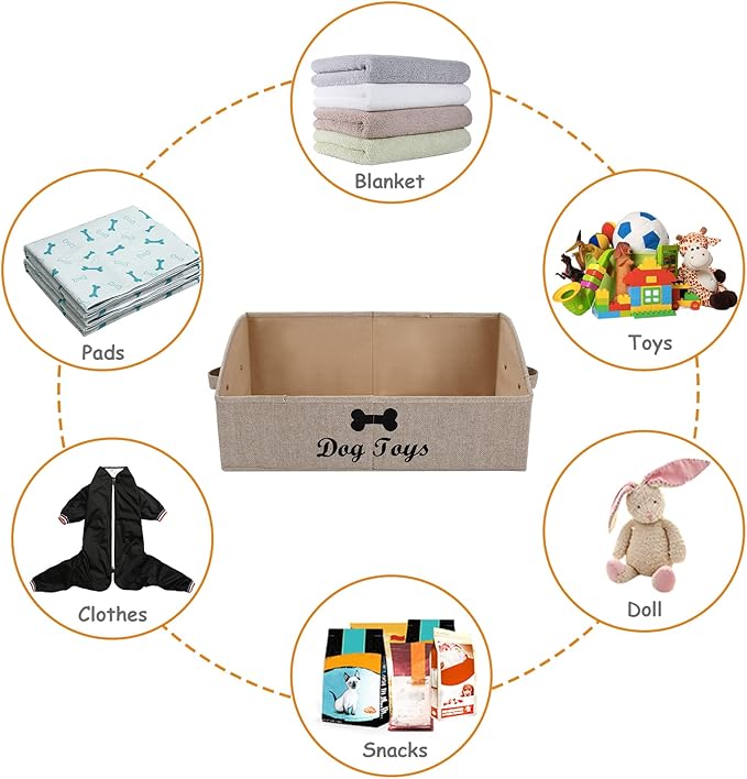 Geyecete dog toy basket Large dog toy bin dog toy box storage box - Foldable Fabric Trapezoid Organizer Boxes with Handle, Collapsible Basket for Dog Toys (KhakiStripe-DOG)