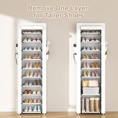 ROJASOP Shoe Rack with Covers 10 Tier Large Shoe Organizer Tall Shoe Closet Storage for 20-22 Pairs Shoe and Boot, Free Standing Shoe Rack Organizer for Closet, Entryway, Bedroom, White