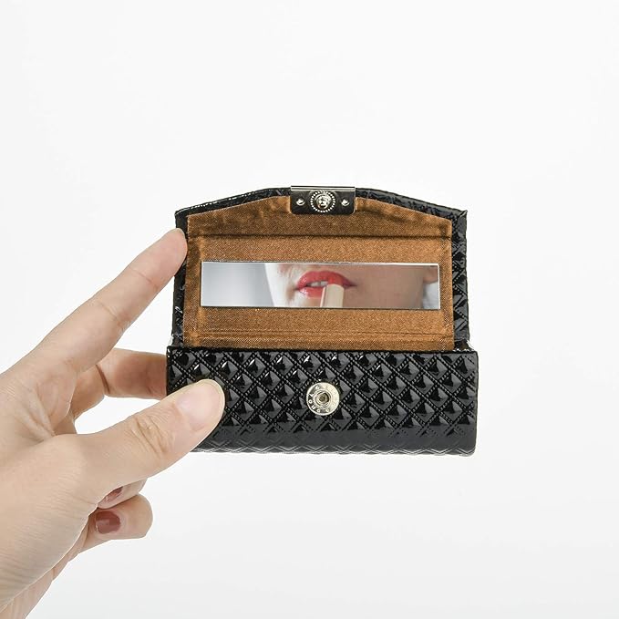 Beautyflier Women’s PU Leather Lipstick Case Holder with Mirror Rectangle Makeup Travel Cases for Purse Lipstick Holder (Black)