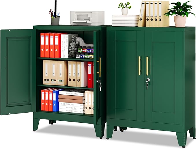 Green Metal File Cabinet with Lock (Two Units), Steel Storage Cabient with 2 Doors and 2 Adjustable Shelves, Multifunctional Locked Cabinet for Home/Office/Garage/Tool Room, Accent Furniture