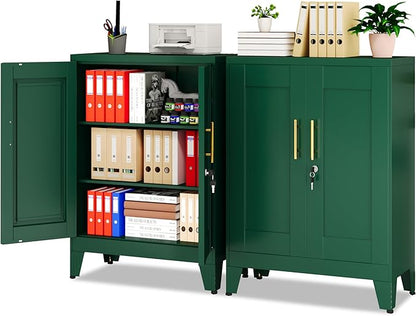 Green Metal File Cabinet with Lock (Two Units), Steel Storage Cabient with 2 Doors and 2 Adjustable Shelves, Multifunctional Locked Cabinet for Home/Office/Garage/Tool Room, Accent Furniture