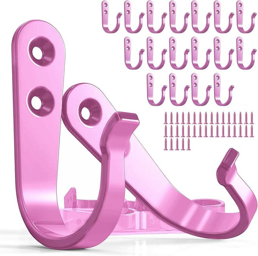 20PCS Pink Heavy Duty Single Prong Metal Wall Hooks for Coats, Towels, Backpacks, Hats, Dog Leashes (20 Hooks + 40 Screws)