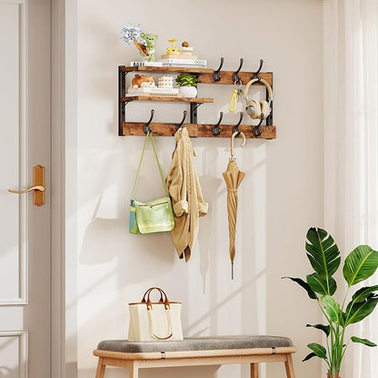 Homeiju 28.7" Coat Rack Wall Mount with Shelf, Key Hooks for Wall with Shelf, Coat Hooks Wall Mounted with 8 Heavy Duty Double Hooks for Bedroom,Living Room, Rustic Brown (8 Hooks)