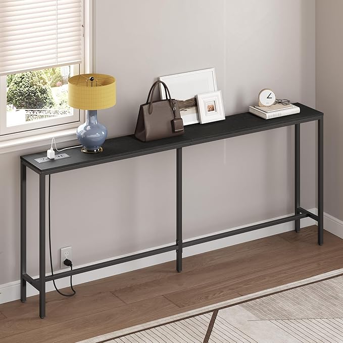 78.7" Console Table with Power Outlet, 11.8" Wide Narrow Sofa Table, Industrial Entryway Table with USB Ports, Behind Couch for Entryway, Hallway, Foyer, Living Room, Black CTBK320E01