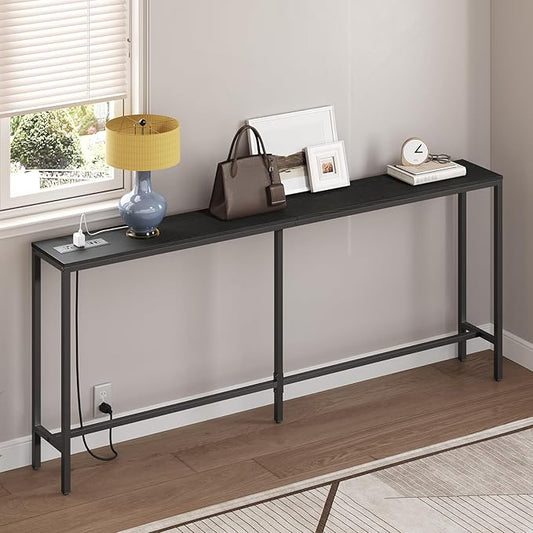 78.7" Console Table with Power Outlet, 11.8" Wide Narrow Sofa Table, Industrial Entryway Table with USB Ports, Behind Couch for Entryway, Hallway, Foyer, Living Room, Black CTBK320E01