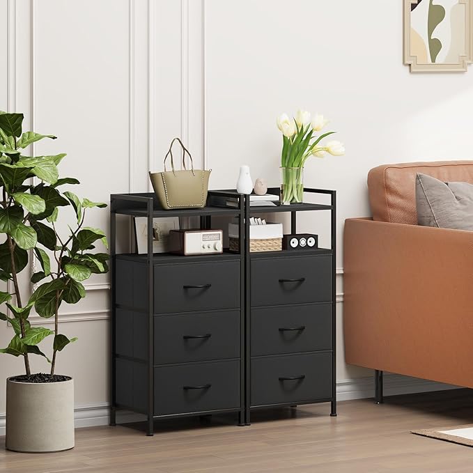 Somdot Nightstand with 3 Drawers, Dresser with Fabric Bins for Bedroom, Hallway, Entryway, Nightstand Bedside Table Furniture, Sturdy Steel Frame, Wooden Top, Easy Pull Fabric Bins, Black