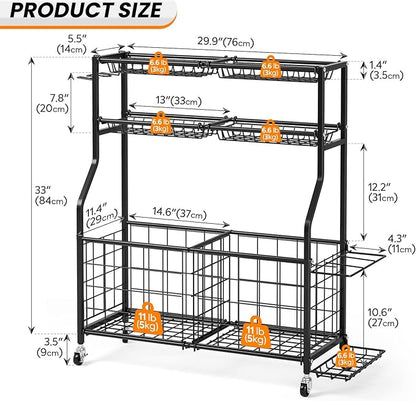 TOOLF Garage Sports Equipment Organizer with Ball Rack & Basket, Heavy Duty Workout Storage Cart for Gym Equipment, Outdoor Toy Organizers, Black