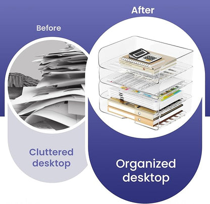 Tomorotec Desk Letter Tray Set, A4 Size Clear PET Stackable Document Organizer Office Desktop File Paper Holder Book Storage Rack Side Load Anti-Skid Stacking Support Convex Bottom (4X Landscape)