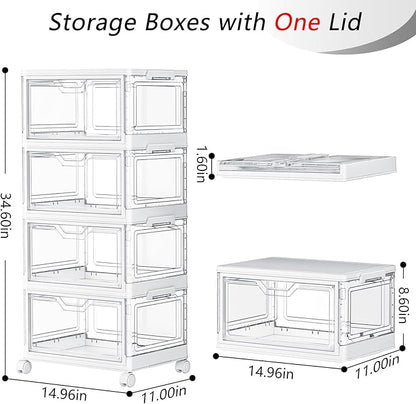SNSLXH Portable Clear Storage Bins with Lid & Wheels, 24QT Clear Storage Bins with Lid, 4-Tier Plastic Bins with Wheels, Stackable, Magnetic Doors, for Bedroom, Living Room, Office