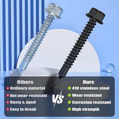 150Pcs Self Drilling Screws Assortment Kit, 410 Stainless Steel Self Tapping Sheet Metal Screws, Black Zinc Plated, #8 1/2" 3/4" #10 1" 1-1/2", Hex Washer Head