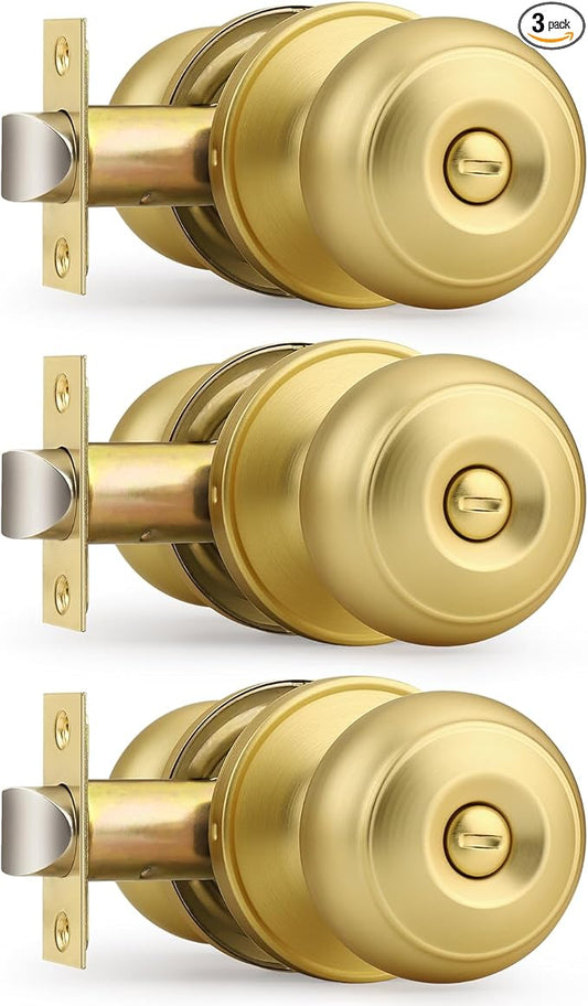 Probrico Gold Door Knobs for Bedroom Bathroom, Interior Door Knob with Round Ball, Brushed Brass Privacy Door Knob, 3 Pack