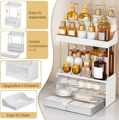 2 Pack Bathroom Counter Organizer - 3 Drawers Makeup Organizer, Cosmetic Storage Drawer for Dresser Countertop and Bathroom Vanity for Large Skincare, Perfume, Clear