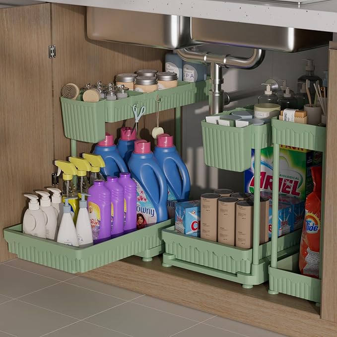 3 Pack Multi-Purpose Under Sink Organizers and Storage, 2026 L-Shaped Pull Out Cabinet Organizer for Bathroom & Kitchen, Under Cabinet Organizer with Hooks Hanging Cup (Green, 14.85 inch)
