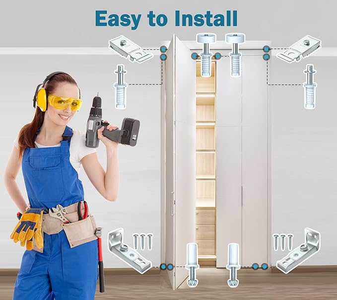 Bifold Door Hardware Repair Kit - 4 Packs Bi-fold Sliding Closet Doors Replacement Parts Include Top & Bottom Bracket, 3/8" Pivot, 7/8" Guides Wheel, for Folding Pocket Door Accordion