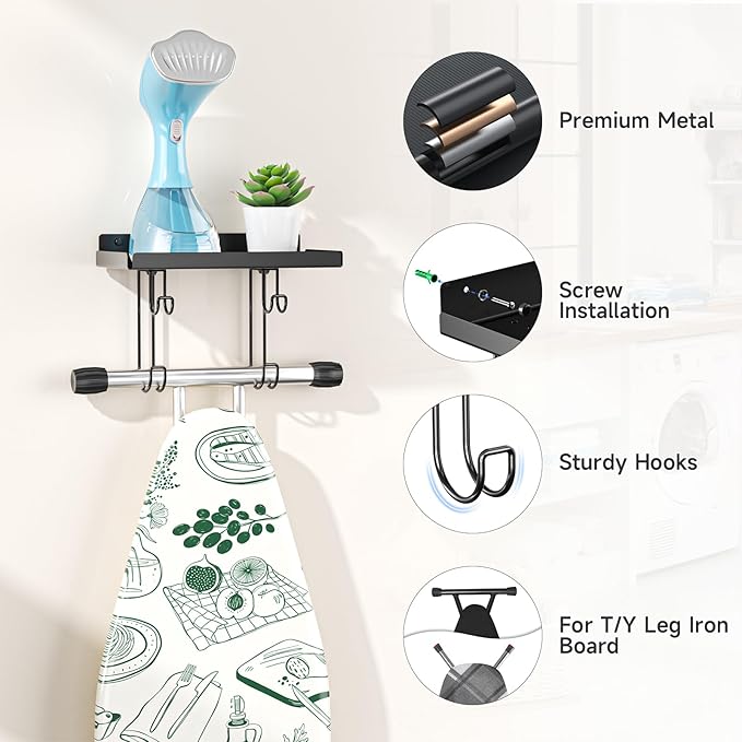 Ironing Board Hanger Wall Mount, Ironing Board Holder with Cord Storage Hooks, Iron Hanger for Wall, Irons Holder for T&V Shaped Iron Board Wall Mount, Irons Storage for Laundry Room