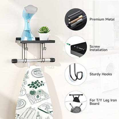 Ironing Board Hanger Wall Mount, Ironing Board Holder with Cord Storage Hooks, Iron Hanger for Wall, Irons Holder for T&V Shaped Iron Board Wall Mount, Irons Storage for Laundry Room
