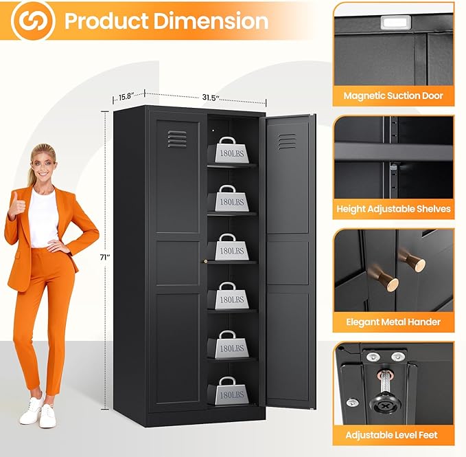 71" Tall Kitchen Pantry Storage Cabinet with 2 Doors and 5 Adjustable Shelve, Metal Black Food Pantry Cabinet, Kitchen Cabinet Storage Unit,6 Tier Freestanding Cupboard for Kitchen Dining/Living Room