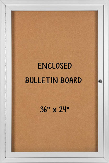 INNOVART Enclosed Bulletin Board 36”x24”, Lockable Cork Noticeboard with Aluminum Frame, Outdoor Enclosed Bulletin Board Weatherproof, Wall Display Case with Swing-Open Door Information Cabinet