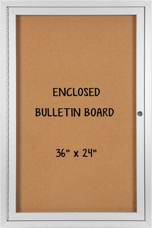 INNOVART Enclosed Bulletin Board 36”x24”, Lockable Cork Noticeboard with Aluminum Frame, Outdoor Enclosed Bulletin Board Weatherproof, Wall Display Case with Swing-Open Door Information Cabinet