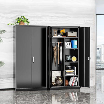 INTERGREAT Metal Storage Cabinet with Lock,Storage Wardrobe Cabinets with 4 Adjustable Shelves and Hanging Rod,Black Wardrobe Cabinet with Lockable Doors for Home Office,Warehouse,Garage