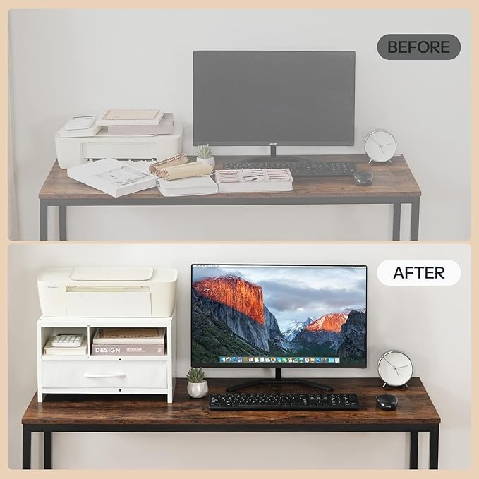 HOOBRO Desktop Printer Stand, Printer Stand Shelf Organizer with Drawer, Wooden Under Desk Printer Table, Storage Shelf, for Home Office White WT08PS01