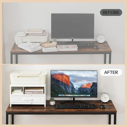 HOOBRO Desktop Printer Stand, Printer Stand Shelf Organizer with Drawer, Wooden Under Desk Printer Table, Storage Shelf, for Home Office White WT08PS01