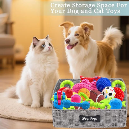 Pet Dog Toy Storage Basket,Collapsible Woven Paper Rope for Dog Cat Toys,Trapezoid Dog Toy Bin,Dog Storage Organizer with Wire Frame,Ideal for Living Room,Playroom(Black)