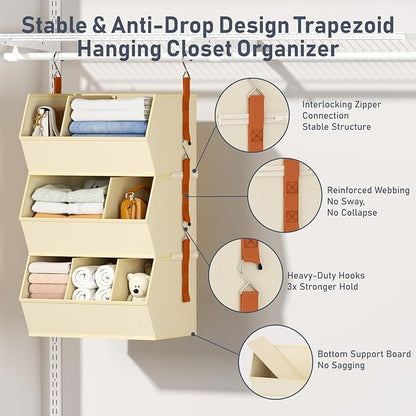 Hanging Closet Organizer Extra Large, Clothes Hanging Shelves for Closet with Divider, Collapsible Closet Storage System, Fabric Storage Bins for Home, Dorm, Rv, Sweaters, Handbags, Underwear, Sock
