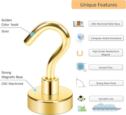 Neosmuk Magnetic Hooks, Heavy Duty 30lb+ Strong Magnet Hook for Cruise Cabins, Cruise Ship Essentials for Hanging, Metal Wall Refrigerator Hangers (Gold, 10 Pack)