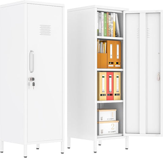 47.24" Metal Storage Locker with Lockable, Employees Metal Steel Locker with 1 Door ＆ 3 Adjustable Shelves, Small Locker Storage Cabinets for Home, School, Office, Gym (White)