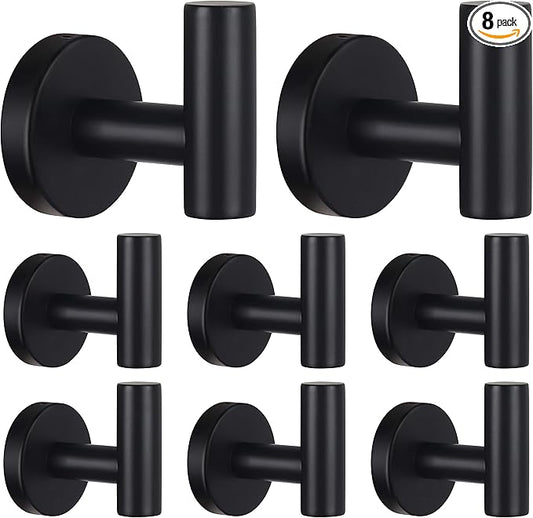 Bathroom Robe Towel Hooks Coat Matte Black Wall Hook Stainless Steel Heavy Duty Door Hanger Towel Robe Clothes Cabinet Closet Sponges Hook for Bathroom Bedroom Kitchen Hotel Pool 8 Packs