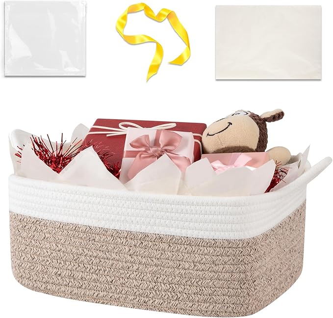 Basket for Gifts Empty, Woven Storage Basket with Gift Bag, Ribbon and Wrap Tissue Paper, Small Rope Toy Storage with Handles for Baby Shower, Dog Toy Organizer, 13.6" x 10" x 5.9”