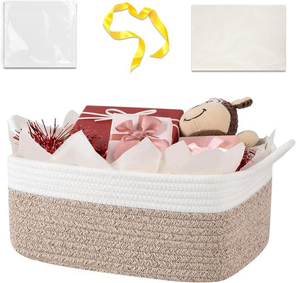 Basket for Gifts Empty, Woven Storage Basket with Gift Bag, Ribbon and Wrap Tissue Paper, Small Rope Toy Storage with Handles for Baby Shower, Dog Toy Organizer, 13.6" x 10" x 5.9”