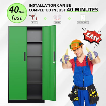 INTERGREAT Metal Storage Cabinet, Garage Steel Locking Cabinets with Doors and 4 Adjustable Shelves, Tall Lockable File Tool Cabinets for Home Office, Classroom Cabinet Basement, Black-Green