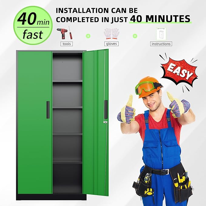 Bonusall 72" Metal Garage Storage Cabinet, 2 Locking Doors & 4 Adjustable Shelves Tall Storage, Heavy Duty Steel Tool Cabinet for Home, Office, Warehouse, School (Black Green)