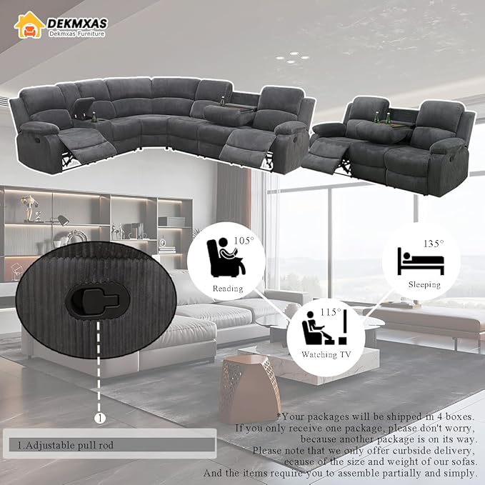 Living Room Furniture Sets, Recliner Sectional Sofa with Cup Holders, Grey Corduroy Reclining Sectional Sofa Set with Drop-Down Table, Storage Console for Living Room, Bedroom, Apartment