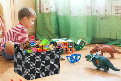 Essme Rectangular Boys Basket,Kids Storage Basket with Handles for Room Decor,Car Storage Bin（Black grid）