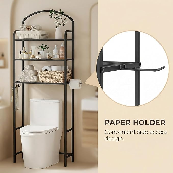 3-Tier Over The Toilet Storage, Bathroom Organizer, Space-Saving, Above Toilet Storage Rack with 4 Hooks and Paper Holder, Metal Shelf, Black