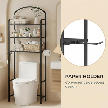 3-Tier Over The Toilet Storage, Bathroom Organizer, Space-Saving, Above Toilet Storage Rack with 4 Hooks and Paper Holder, Metal Shelf, Black