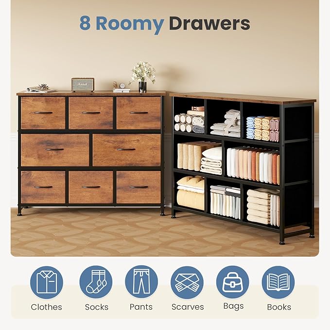 DUMOS TV Stand, Dresser with 8 Fabric Drawers, Spacious Storage Tower for Closet, TV Stand with Wood Top and Mental Frame, Storage Unit for Living Rooms, Bedroom and Entryway, Brown