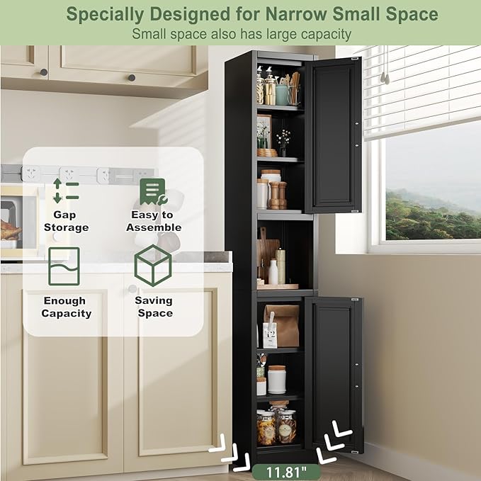 67" Tall Narrow Storage Cabinet Metal Bathroom Cabinet with 2 Doors & 4 Adjustable Shelves, Standing Pantry Cabinets Cupboard for Kitchen, Dining Room, Living Room and Bathroom (Black)