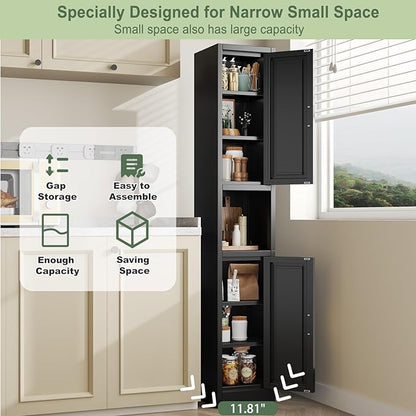 67" Tall Narrow Storage Cabinet Metal Bathroom Cabinet with 2 Doors & 4 Adjustable Shelves, Standing Pantry Cabinets Cupboard for Kitchen, Dining Room, Living Room and Bathroom (Black)