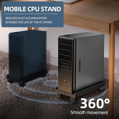 Adjustable Mobile CPU Stand, Ventilated Computer Tower Stand with 4 Caster Wheels Fits Most PC Tower, Under Desk CPU Holder PC Floor Cart Computer Riser for Students and Gamers (White)