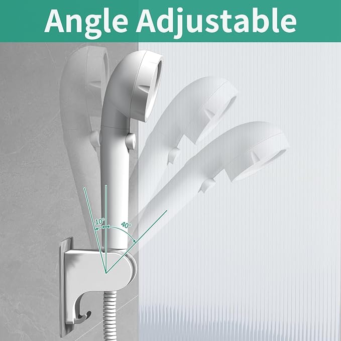Hand Held Shower Head Holder Wall Mount, Shower Hose Holder Adhesive with 2 Hanger Hooks, Adjustable Shower Handle Holder, No Drilling Shower Wand Holder (White, 1 Pack)